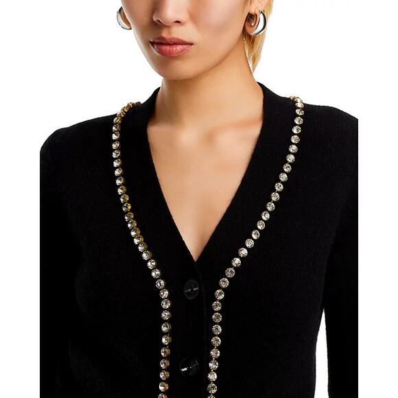 AQUA CASHMERE V NECK CARDIGAN WITH RHINESTONE TRIM - Picture 4 of 8